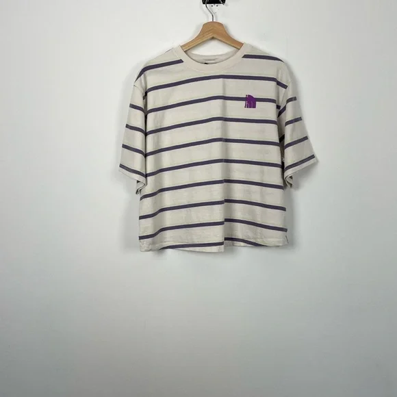 The North Face Short Sleeve Pulover Boxy Striped Cream Purple Women's XL T-Shirt - Picture 2 of 9